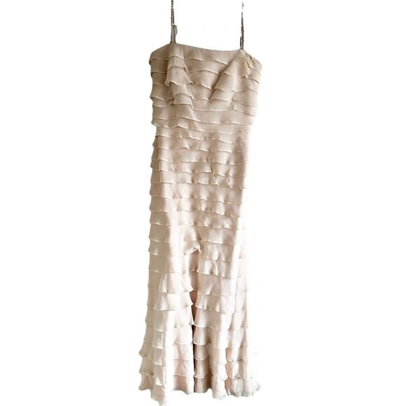 Tadashi Shoji Tiered Ruffle Dress Midi Strap Adjustable 100% Silk Pink 4 - Picture 2 of 8